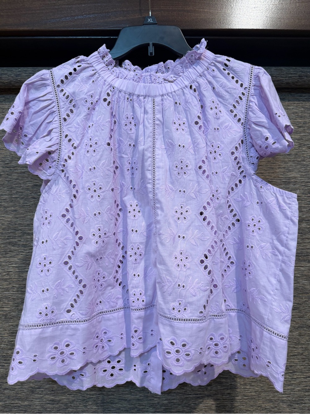 Lavender Eyelet Smocked Neck Flutter Sleeve Button Back Blouse